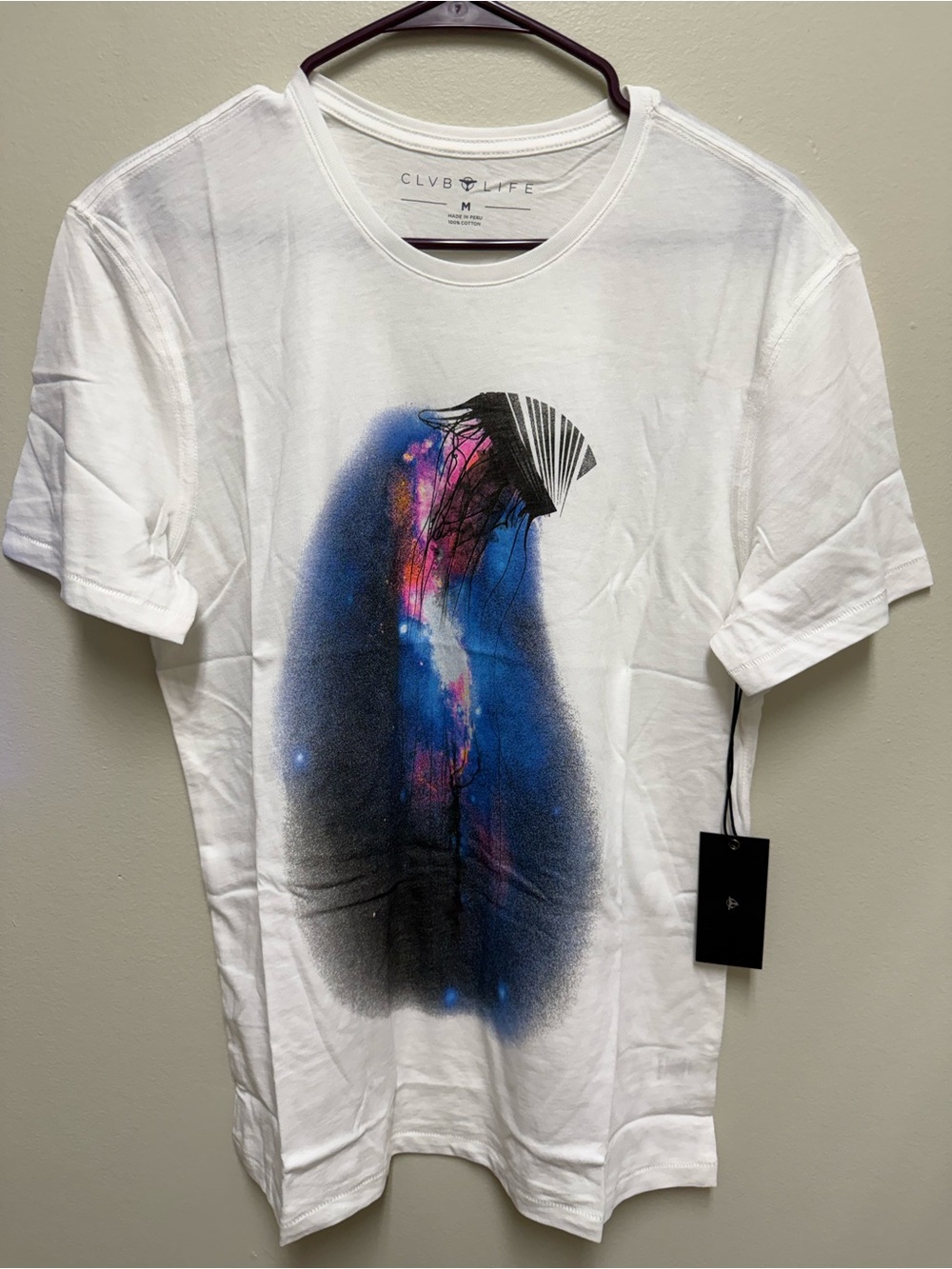 Men’s Clvb Life White Graphic Tee with Blue Galaxy Print Sz Med NWT